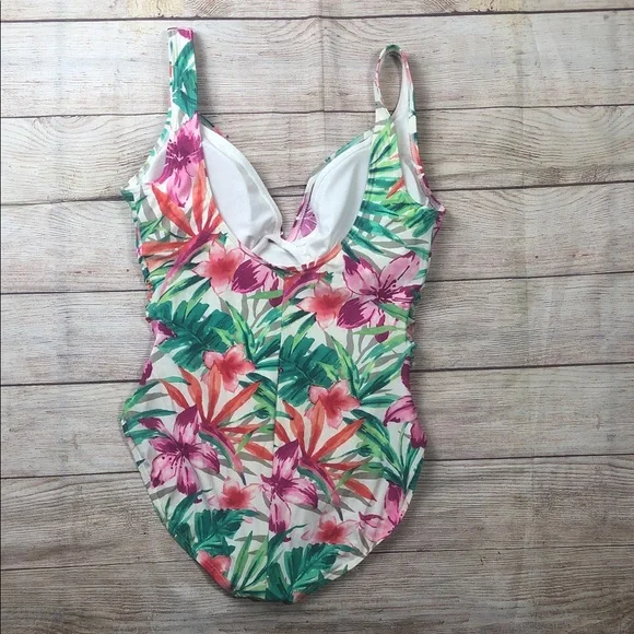 Contours by Coco Reef Tropical Floral Ruched One-Piece in Pink & Green - Picture 10 of 11